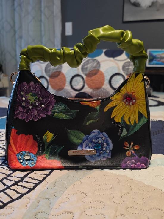 Nicole Lee Handbags - Nicole Lee Black Floral Shoulder Bag with Lime Scrunch Handle